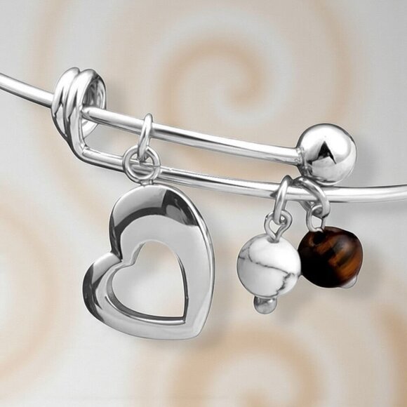 🆕️18K Gold Plated LARGE Boho Bangle with Heart Tiger's Eye & Magnesite Charms ✨ - Picture 4 of 10